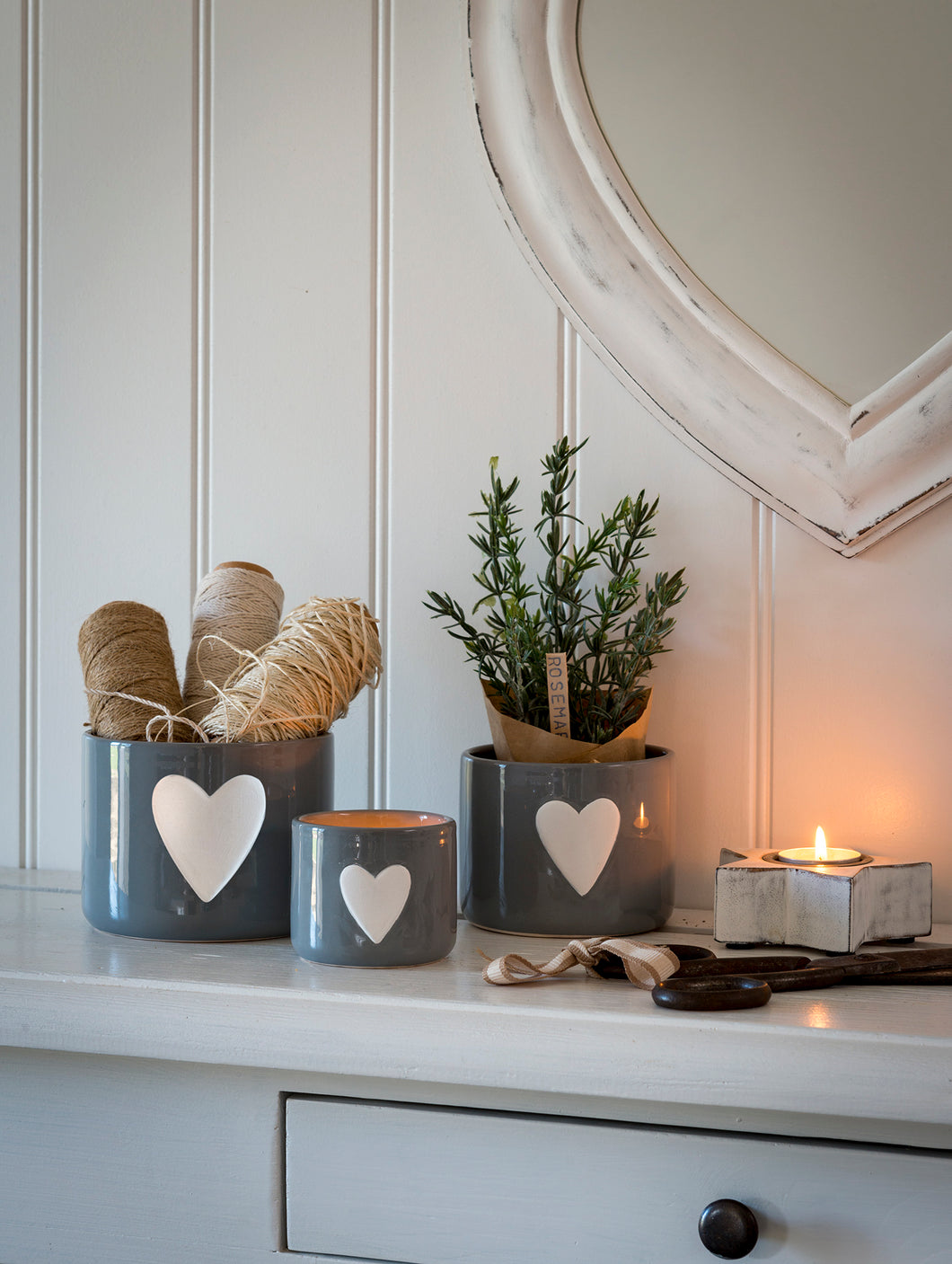 Set of Three Nested Ceramic Pots with Heart Design