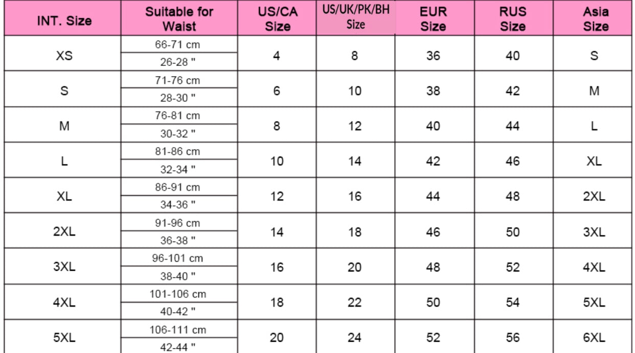 Pantie size chart