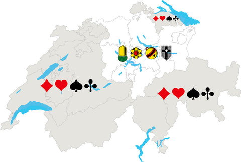 Schweizer Jassgrenze zeigt wo man französischen und Deutschschweizer Jasskarten gespielt wird