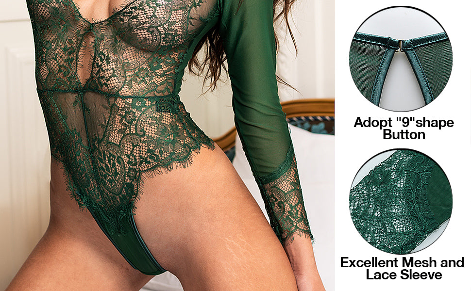 LOVE YOU SEXY Women Lace Lingerie,Long Sleeves Bodysuit,Deep V Bodysuit Lingerie,Sheer Mesh Teddy Lingerie 2