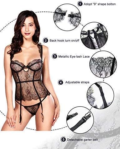 Women Sexy Lingerie Bustier Corset Metallic Print Shining Lace Lingerie Set with Garter Belts 8