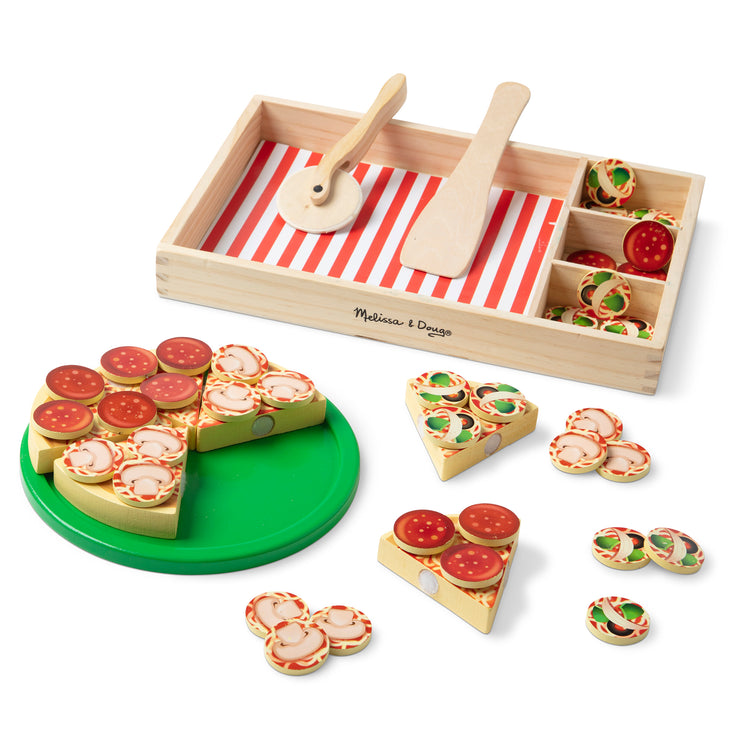 Pillowhale Wooden Pizza Toy Set,Kids Pretend Play Food for Kitchen,Wooden Pizza Counter Play Set,Play Kitchen Accessories for Toddlers Boys Girls
