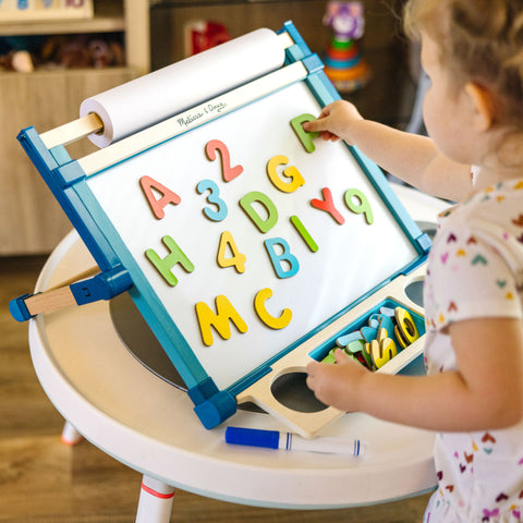 Opening and Playing with the Melissa & Doug Deluxe Double-Sided Tabletop  Easel