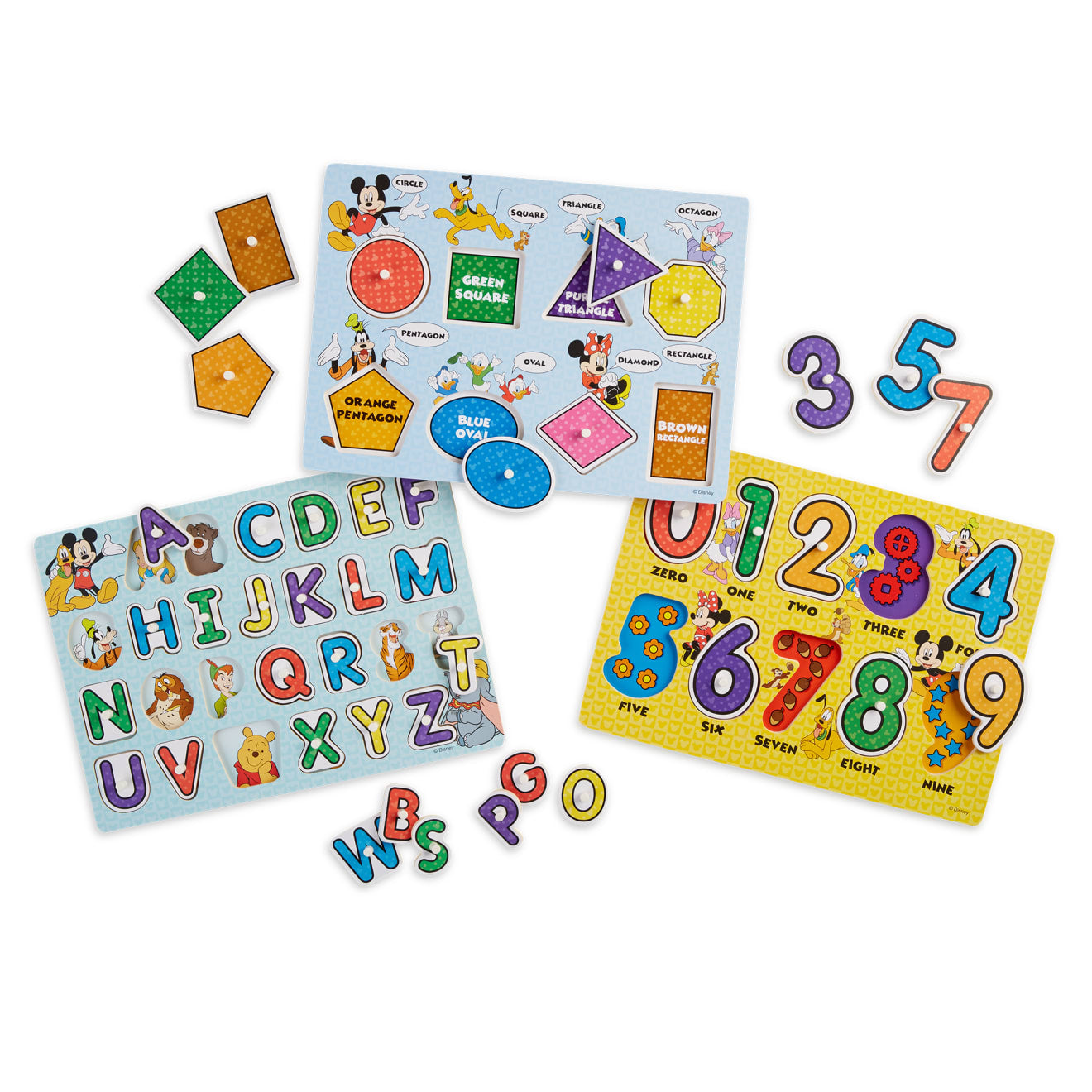 Wooden Peg Puzzles Set for Toddlers 2 3 4 Years Old, Alphabet ABC, Numbers, Shape and Farm Animals Learning Puzzles Board for Kids, Preschool