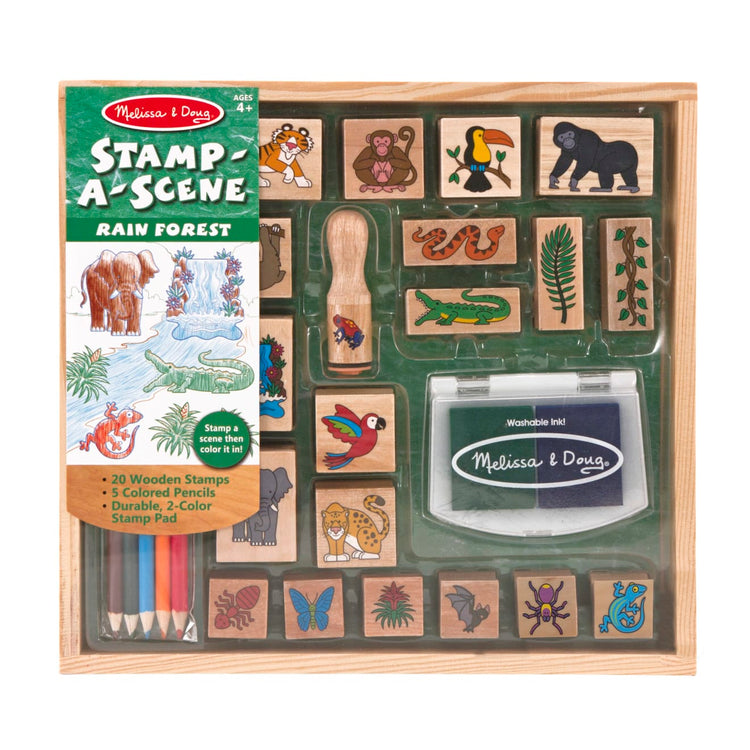 Melissa Doug Deluxe Wooden Stamp Set: Animals 30 Stamps, Markers