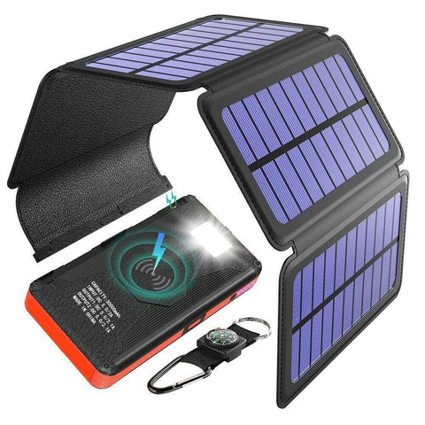 Solar Power Bank Waterproof wireless 30000mAh QI fastest charger 2 USB port with 3 and 5  pannels