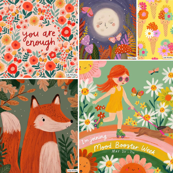 Assortment of Kate J McFarlane illustrations (clockwise from upper left): A floral toss saying "you are enough", a glowing full moon looking over a garden at night, a pattern of ice cream cones on yellow, a red-haired girl skipping along a rainbow, a smiling fox in a forest pattern