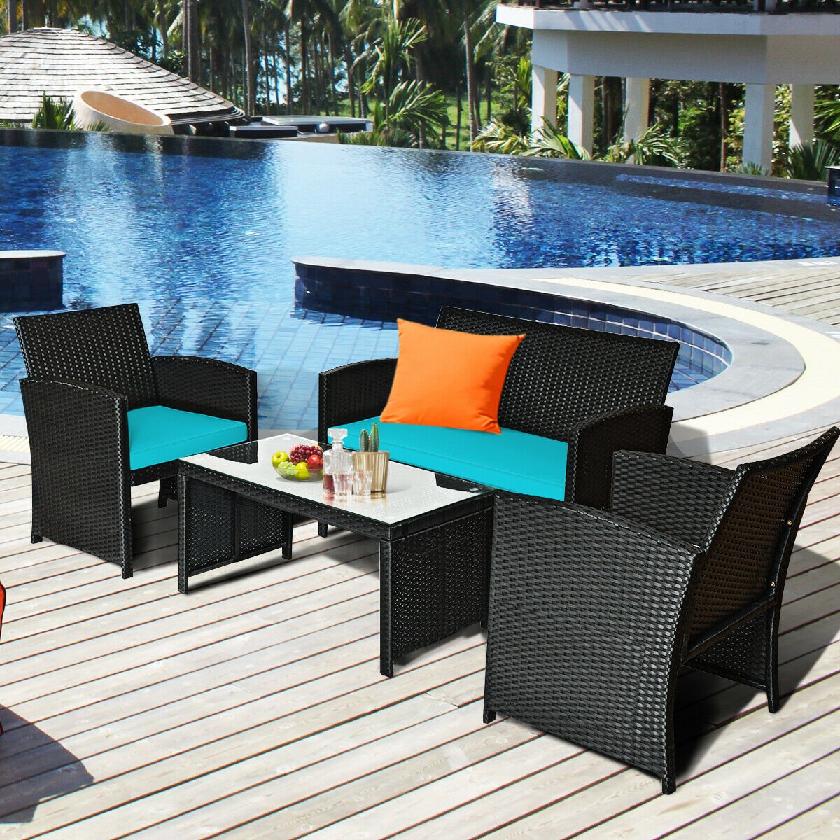 4PCS Patio Rattan Furniture Conversation Set Cushion Sofa Table Garden Turquoise HW63239TU