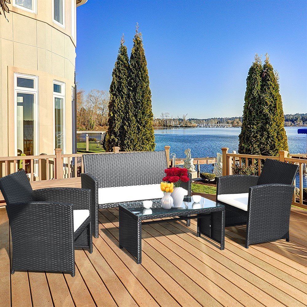4PCS Patio Rattan Furniture Conversation Set Cushioned Sofa Table Garden