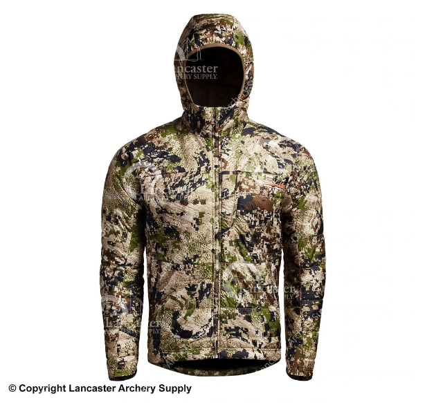 The SITKA Gear Aerolite Jacket in the brown, green, and black Subalpine camo.