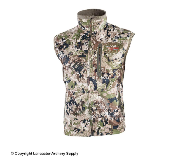 The SITKA Gear Jetstream Vest featuring the tan, black, green, and dark brown Subalpine Camo.