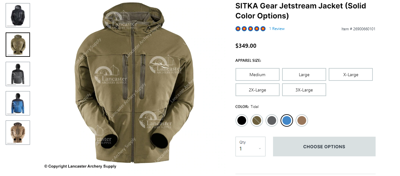 The color options for the SITKA Gear Jetstream Jacket on the Lancaster Archery Supply website.