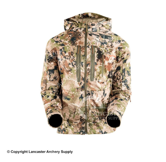 The SITKA Gear Jetstream Jacket with the tan, brown, green, and black Subalpine Camo.