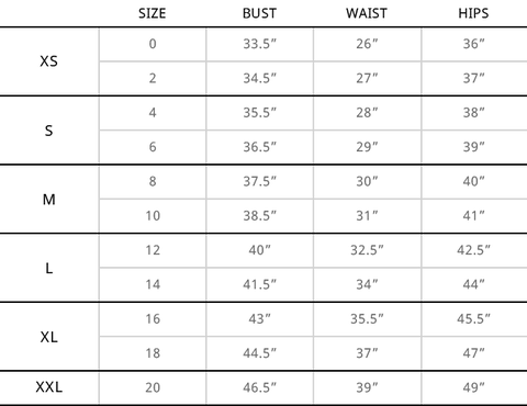 Size Chart – Wisp and Willow Boutique