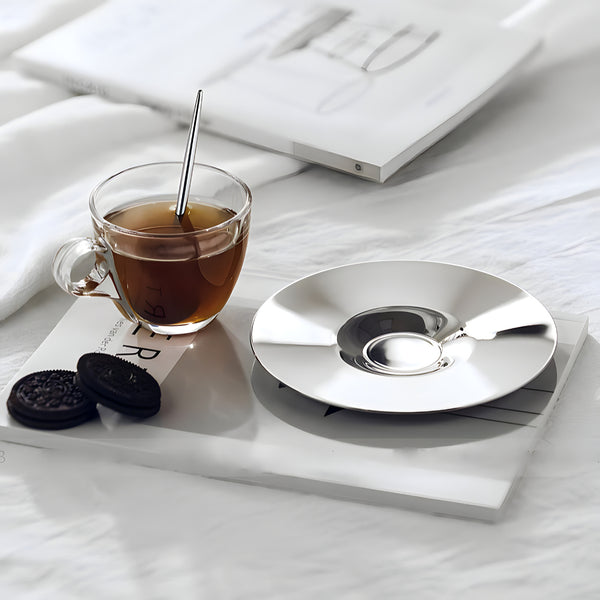 Steel Coffee Cup with Square Saucer & Spoon