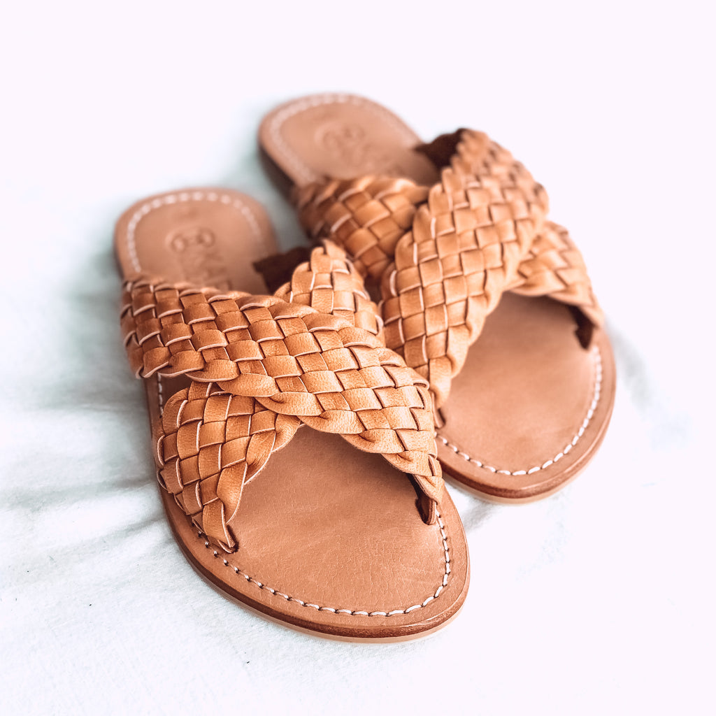 Leather woven Criss-cross Slides- Tan 