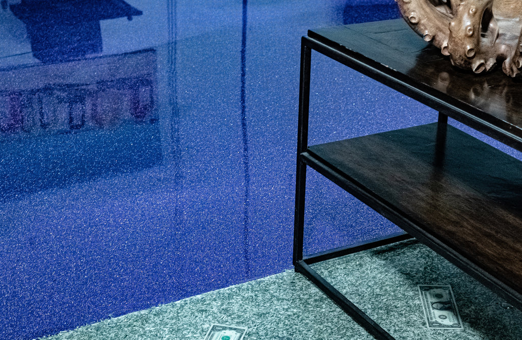 Glitter & DIY decorated epoxy resin floors in a modern office space.