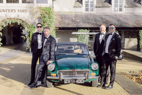 Groom and groomsmen with the bridal car, A stunning vintage MG