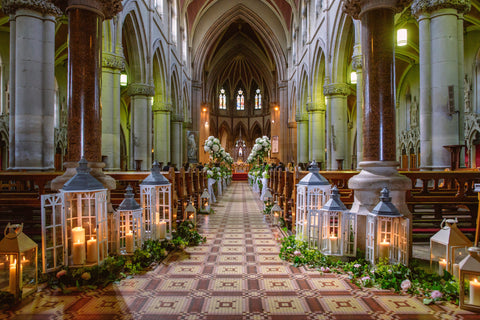 Flowers and Candles for Irish church wedding in Cathedral.