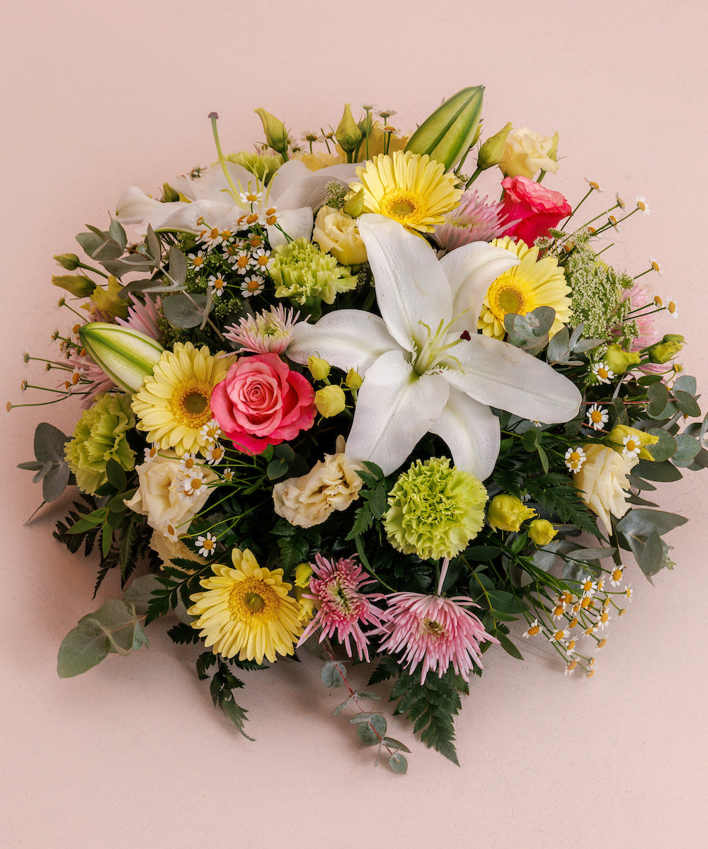 Pastel Posie Funeral Arrangement – Lamber De Bie Flowers