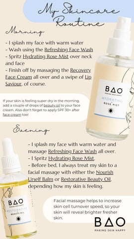 BAO Skincare beth's step by step easy effective routine. Hydrating Rose Face Mist and Restorative Beauty Face Oil