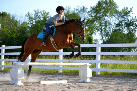 Young woman and horse jump over a riser