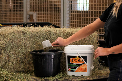 Flex+Max Supplement for Horses scooping into a bucket