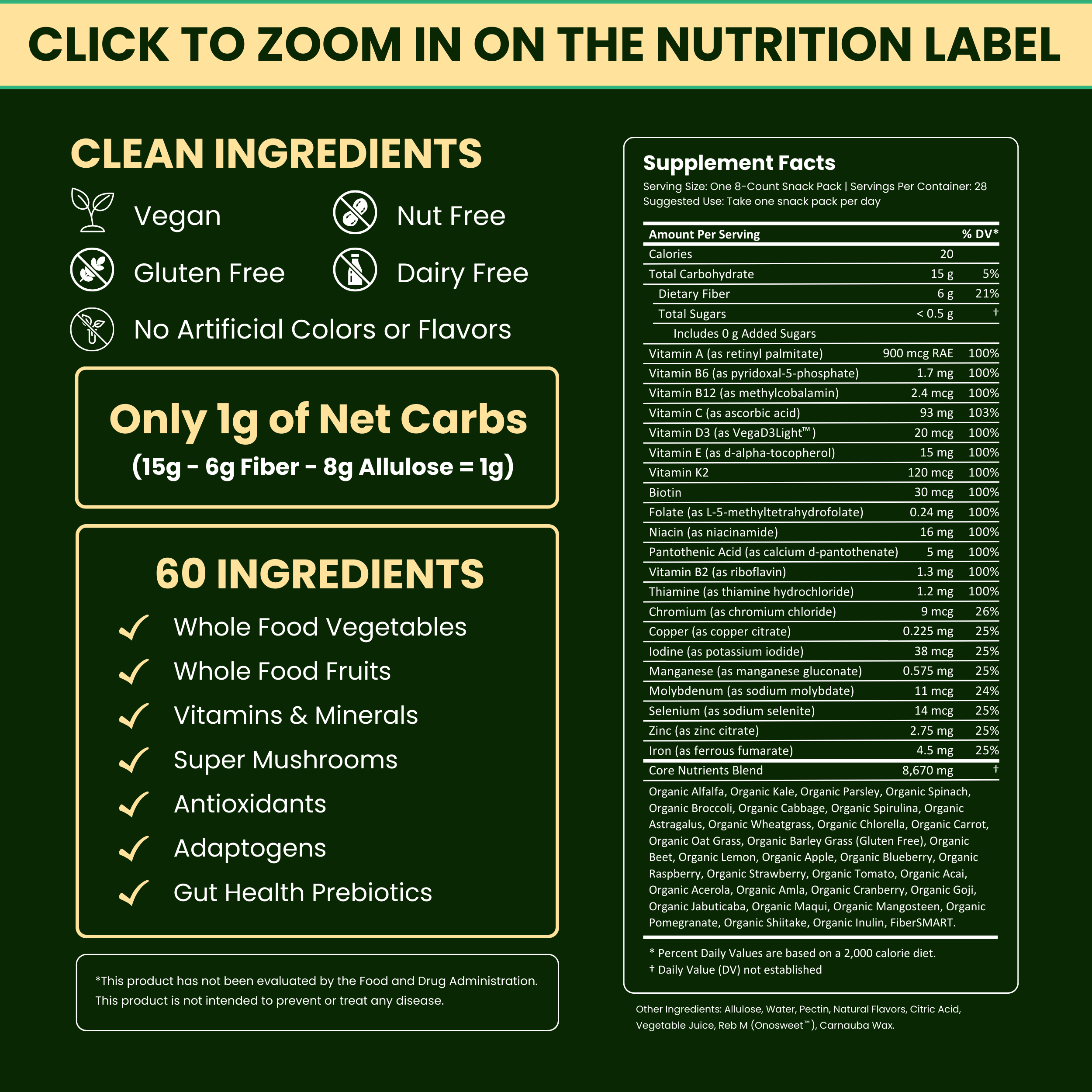 Infographic with dietary information including clean ingredients, only 1g net carbs, 60 ingredients, and nutrition label.