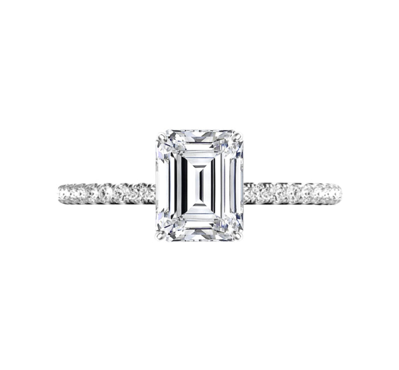 Emerald Cut with Hidden Collar Halo on Pave Band Moissanite Engagement ...