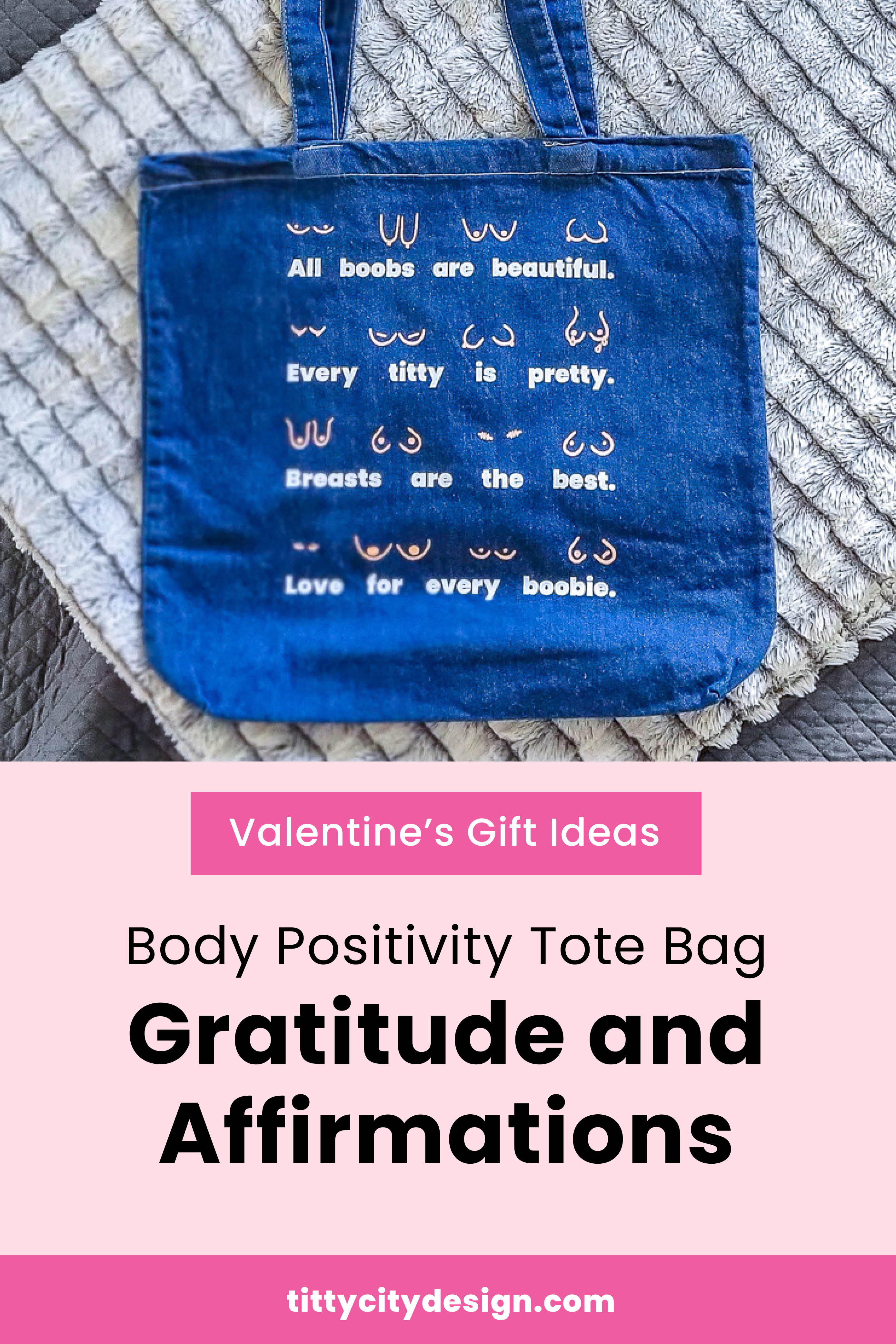 Valentines Gift Ideas - Denim Empowering Body Positive Boob Tote Bag "Gratitude and Affirmations"