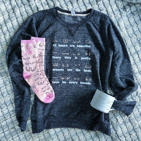 Breast Cancer Warrior Gift Basket - Boob Sweatshirt - Boobie Mug - Boob Socks - Breast Cancer Patient Gift