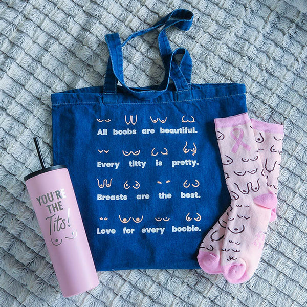 Chemo Care Package - Boob Bag - Boob Water Bottle - Boob Tumbler - Boob Socks - Breast Cancer Patient Gift
