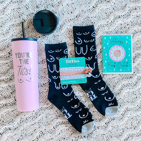 Expecting Moms Gift Basket - Gifts for Expecting Moms - Gift for Baby Shower - Boob Tumbler - Boob Water Bottle - Boob Socks - Boob Hair Tie - Breastfeeding Bands - New Mom Gift - Titty City Design