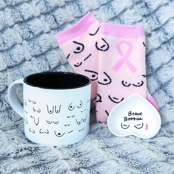 My Brave Breastie | Breast Cancer Gift Basket - Boob Ring Dish - Boob Mug - Boob Socks - Breast Cancer Patient Gift