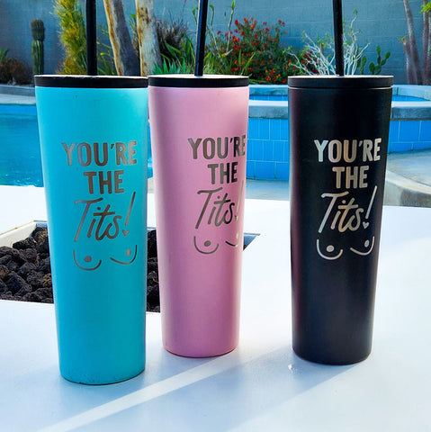 blue you're the tits water bottle, pink you're the tits water bottle, and black you're the tits water bottle