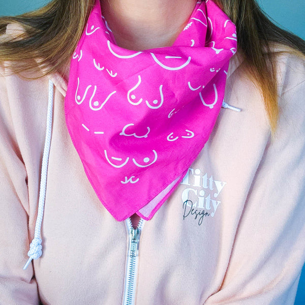 Pink Brave Boobies Bandana with Mastectomy Scars for Breast Cancer Awareness Month