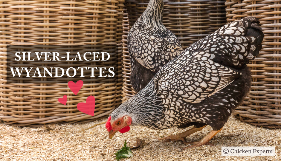 silver laced wyandotte chickens pecking on treats inside the chicken coop