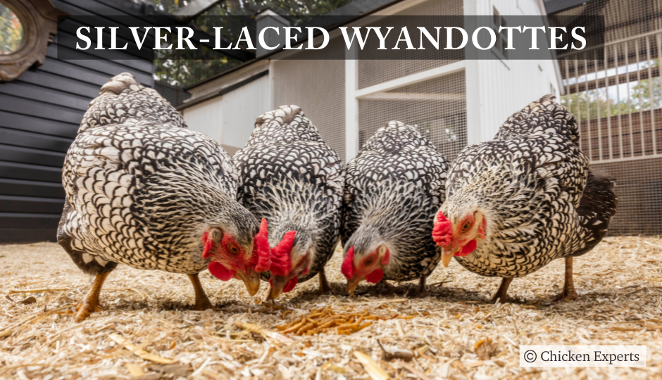 silver laced wyandotte chickens eating some treats on the ground