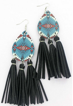 Horizon Mountain Aztec Wood Teardrop Tassel Fringe Earrings