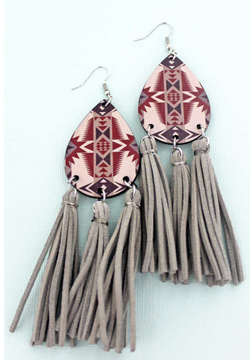 Angel Fire Aztec Wood Teardrop Tassel Fringe Earrings