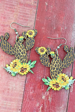 Western Leopard Sunflower Cactus Wood Earrings