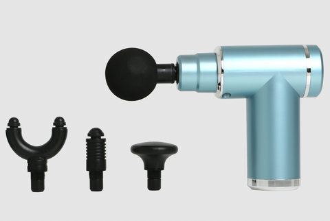 Teal mini massage gun with attachments from BluZen