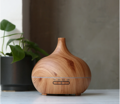 Wooden diffuser on a table with a plant behind it 