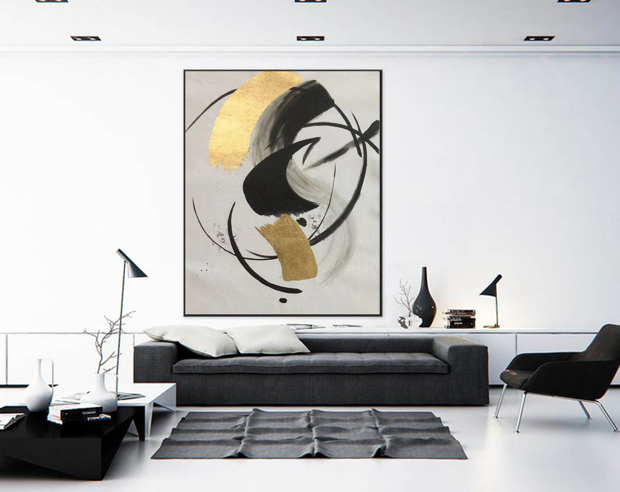 Gold Black White Minimalist Painting On Canvas Oversized Abstract Art –  Extra Large Wall Art