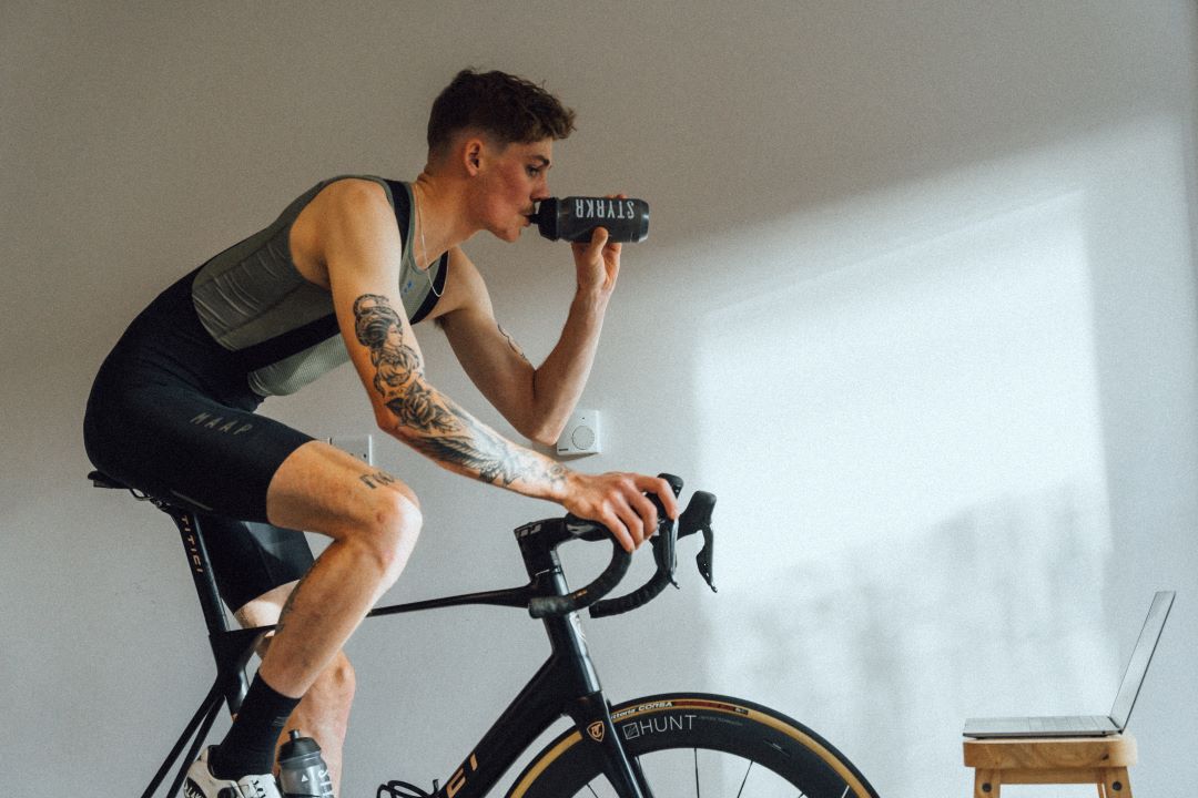 styrkr athlete sam winter indoor training on his turbo bike