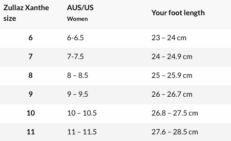 Footlogics Xanthe Orthotic Thong size chart