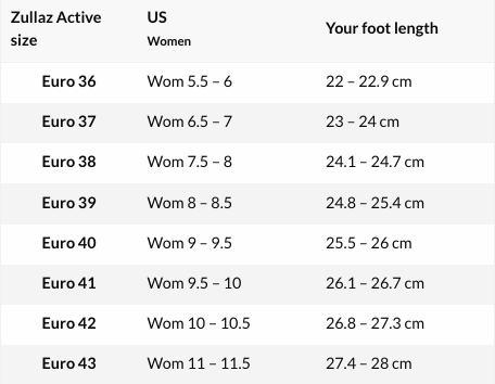 Footlogisc Zullaz shoes size chart