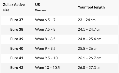 Zullaz shoes size chart