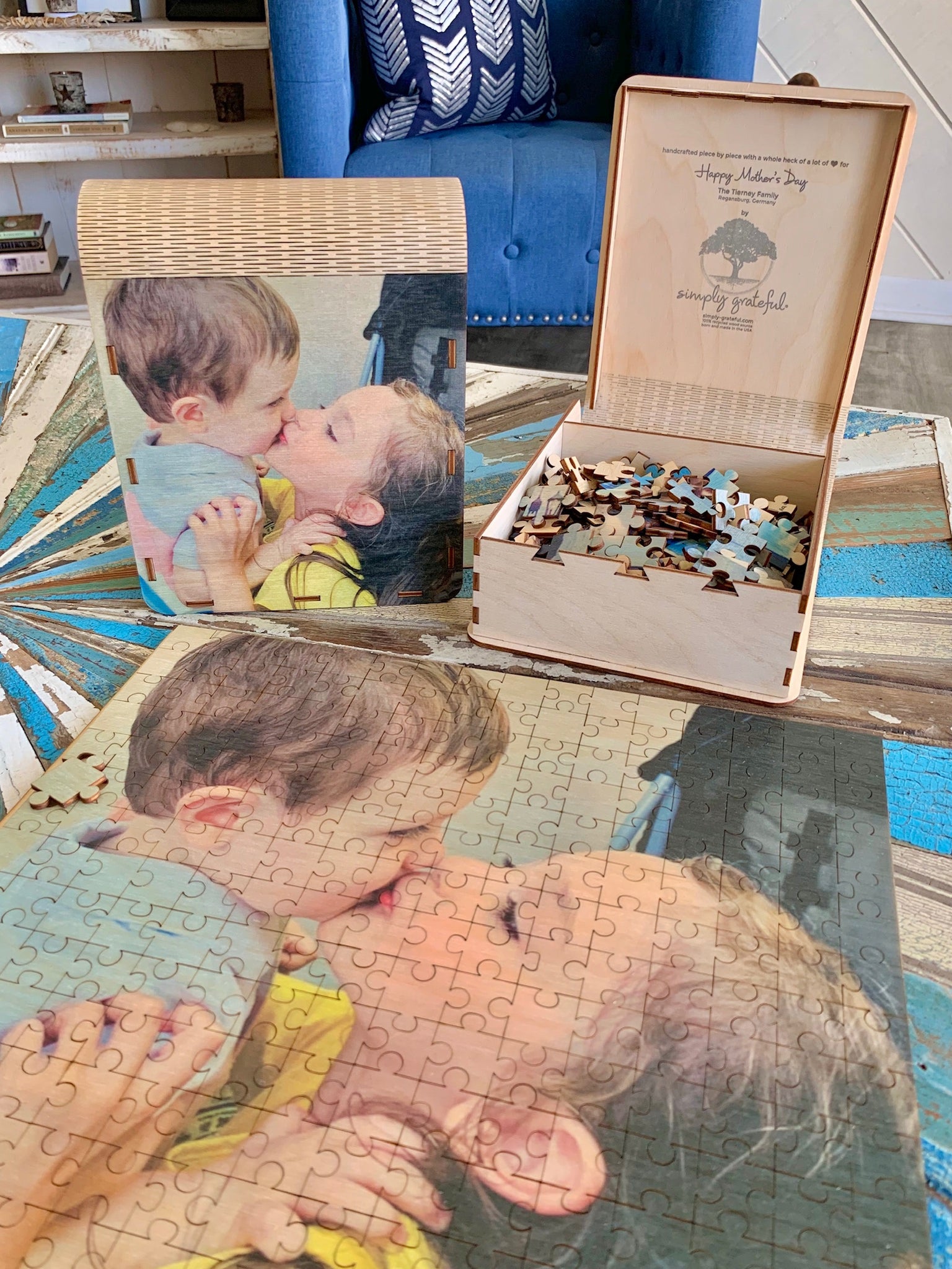 250 Piece Custom Wooden Puzzle with Keepsake Box Family Simply Grateful