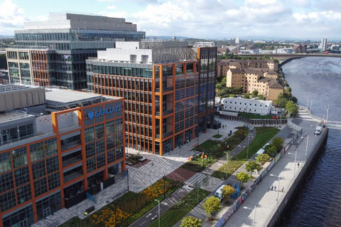 External photograph of Barclays European Headquarters campus in Glasgow next to the River Clyde